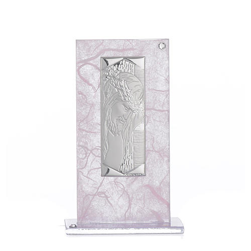 First Communion favour, Christ image in silver and pink glass 11.5cm 1