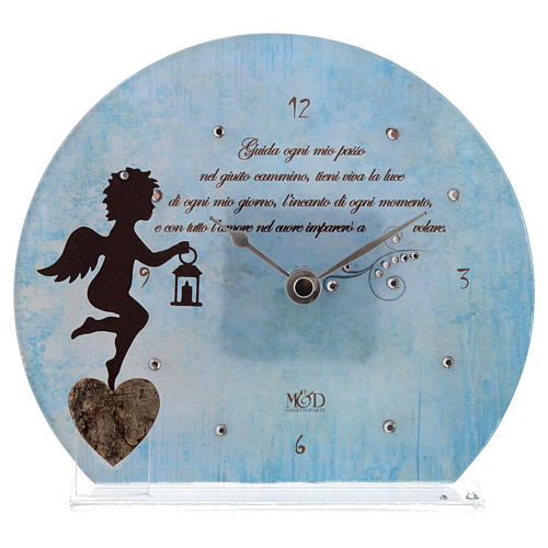 Clock in glass with angel and sentence, blue 1