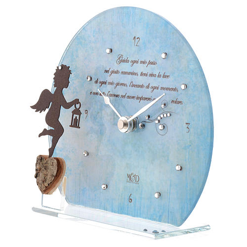 Clock in glass with angel and sentence, blue 2