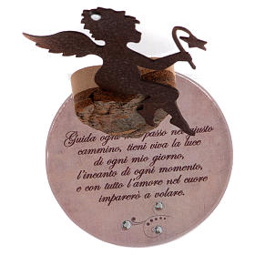Ángel en metal base vidrio y frase 11,5 cm rosa s4