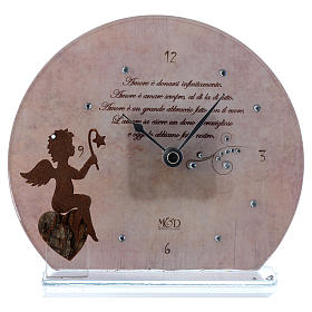 Relógio cor-de-rosa em vidro com anjo e frase