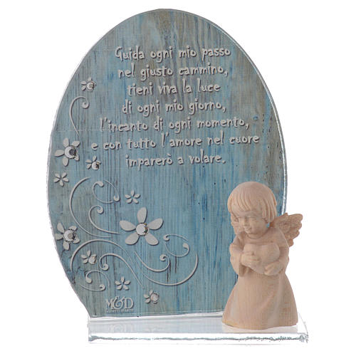 Glass favour with wooden angel 10cm blue 1