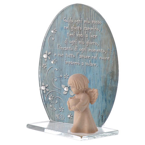 Glass favour with wooden angel 10cm blue 2