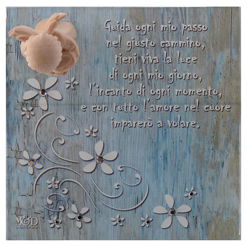 Favour Box in blue glass 14x14cm with angel in wood 2