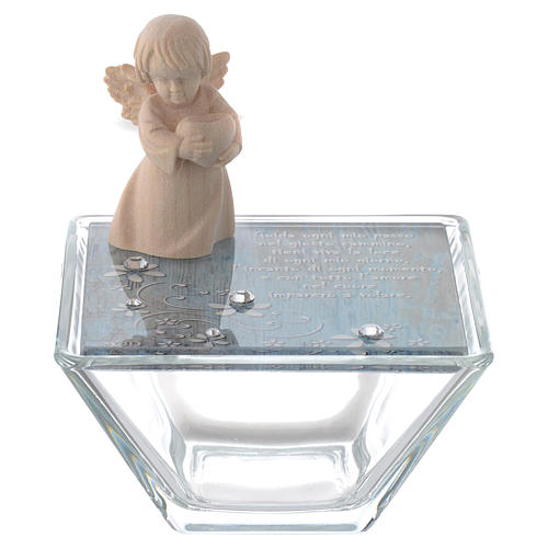 Box in blue glass 8x8cm with angel in wood 1