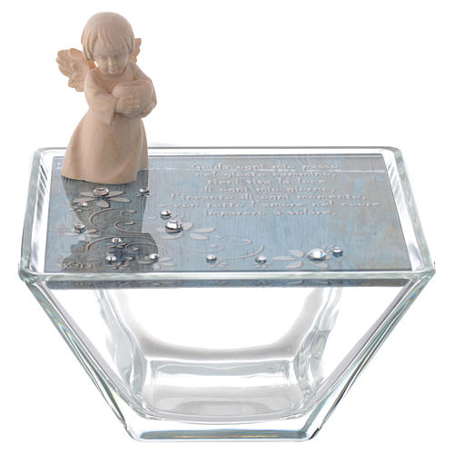 Lembrancinha caixinha vidro azul 10x10 cm anjo madeira 1