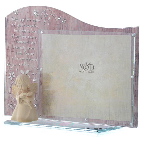 Favour frame in pink glass with wooden angel 20x15cm 2