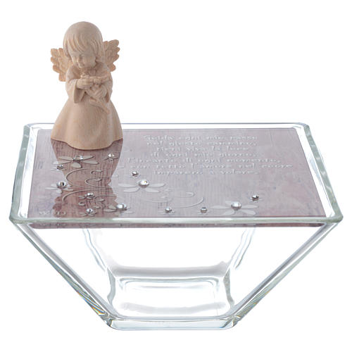 Favour Box in pink glass 14x14cm with angel in wood 1