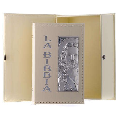 Bible with Jesus image in leather imitation ecru colour with double laminated silver 1