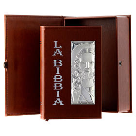 Bomboniere sacre e ricordini: Bibbia in similpelle marrone immagine Gesù in bilaminato argento