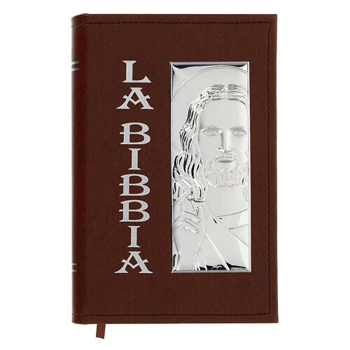 Biblia w brązowej skóropodobnej okładce, z wizerunkiem Jezusa ze srebrnego bilaminatu 1