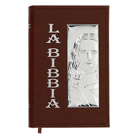 Bible with Jesus image in brown leather imitation with double laminated silver