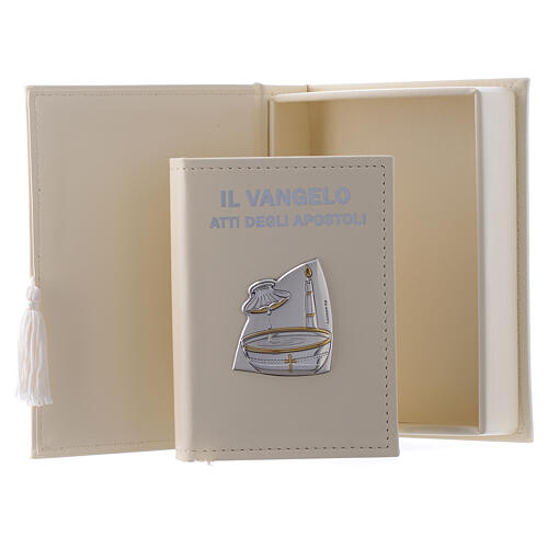 Taufevangelium aus Kunstleder mit Etui und Silber-Laminat-Plakette 1