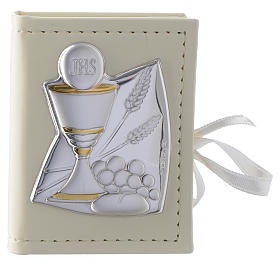 Communion rosary holder in leather imitation with image in double laminated silver