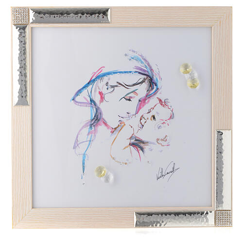 Aquarellbildchen Beschützende Mutter mit silbernen Details und Kristallen, 27x27 cm 1