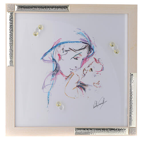 Aquarellbildchen Beschützende Mutter mit silbernen Details und Kristallen, 36x36 cm 1