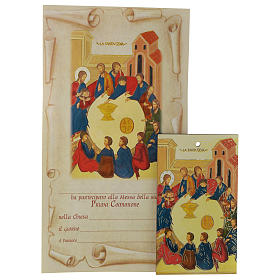 First communion certificate with small wooden icon