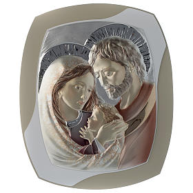 Holy Family silver plaque on wood, dove-grey and white color