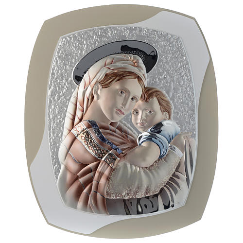 Our Lady with Baby Jesus painting in dove-grey and white in silver and wood 1
