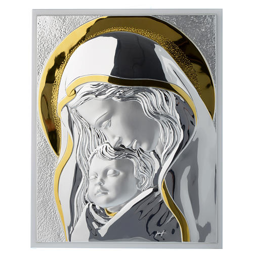 Our Lady with Baby Jesus painting in silver and white wood 1