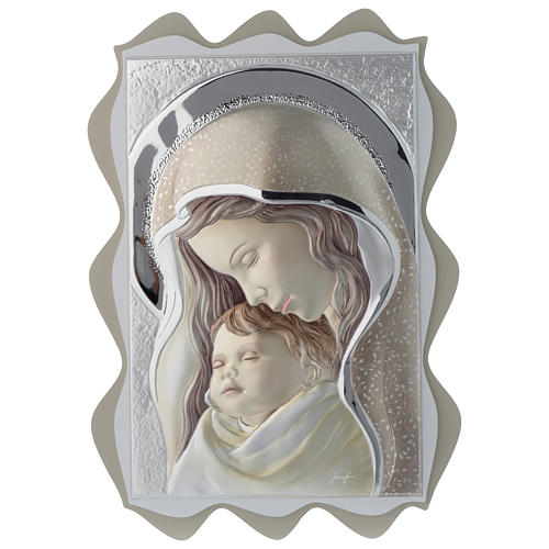 Our Lady and Baby Jesus painting in silver and coloured molded board 1