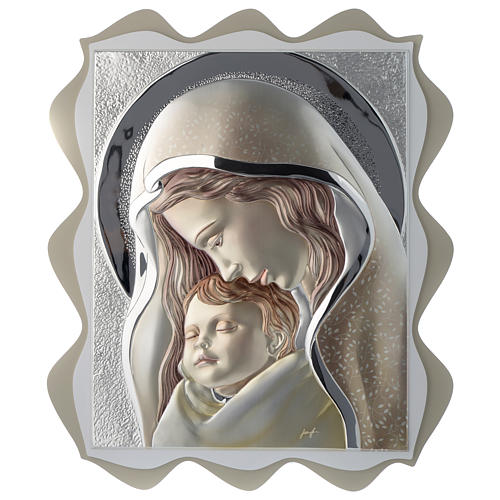 Cuadro Virgen con Niño plata coloreada madera 1