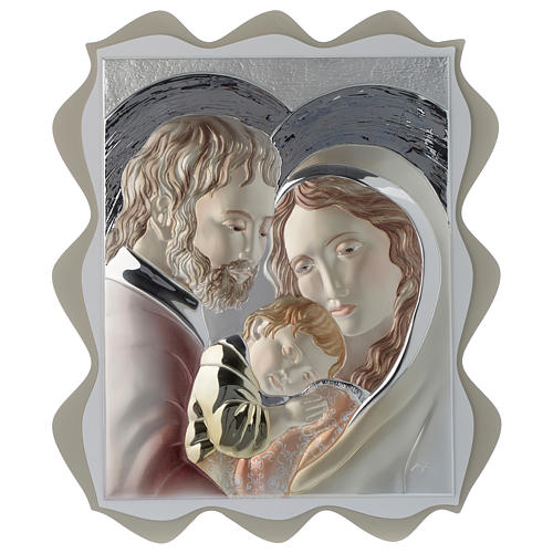 Holy Family rectangular painting with coloured details and two tone wood 1