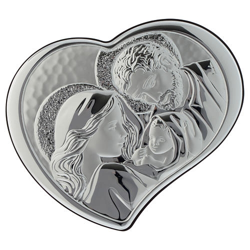 Holy Family silver bas relief on wengè wood, heart shaped 1