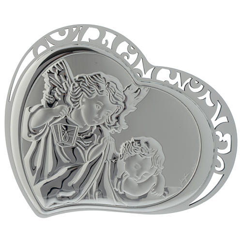 Guardian Angel silver plaque on white wood heart shaped 1