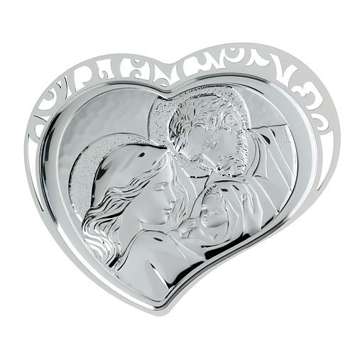 Holy Family silver bas relief on white wood, heart shaped 1