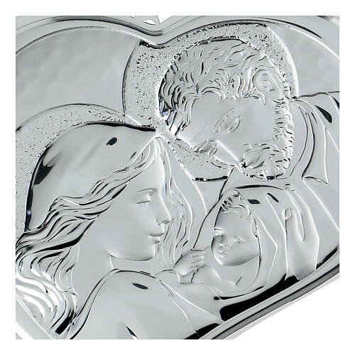 Holy Family silver bas relief on white wood, heart shaped 3