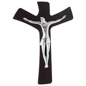 Crucifixo estilizado wengé e placa prateada 20x30 cm