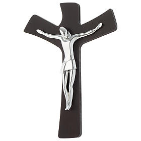 Crucifixo estilizado wengé e placa prateada 20x30 cm