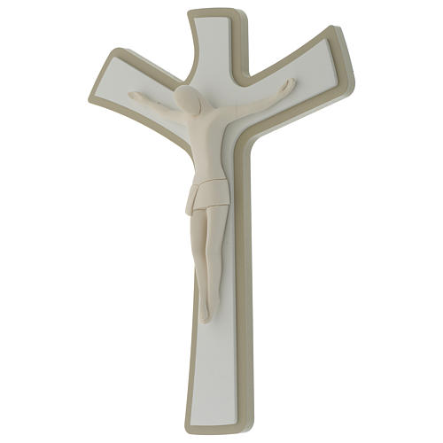 Crucifijo blanco y gris ceniciento cuerpo de resina estilizado cruz de madera 2