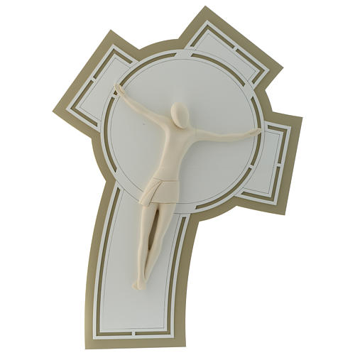 Crucifix in carved wood and resin, white and dove grey, curved 1