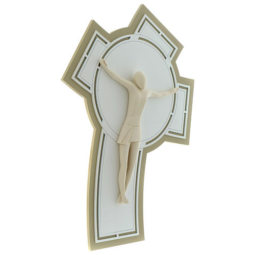 Crucifix in carved wood and resin, white and dove grey, curved 4