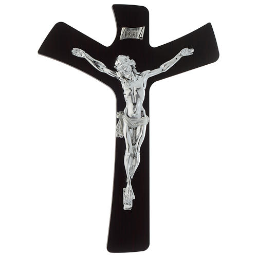 Crucifix bois stylisé avec corps planque argentée 1