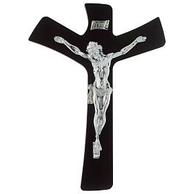 Crucifixo madeira estilizado com corpo placa prateada