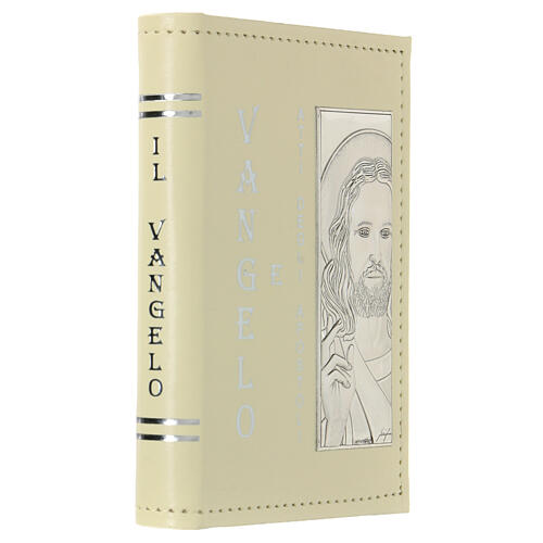Evangelium mit Kunstledereinband und Silber-Plakette Gesicht Christus, 10x15 cm 2