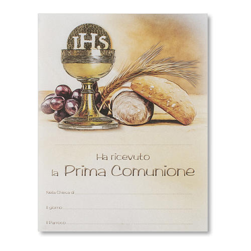 Pergamena Prima Comunione Simboli Eucaristici pane, spiga, uva e calice 1