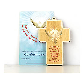 Confirmation cross in painted wood with parchment Holy Spirit and Gifts