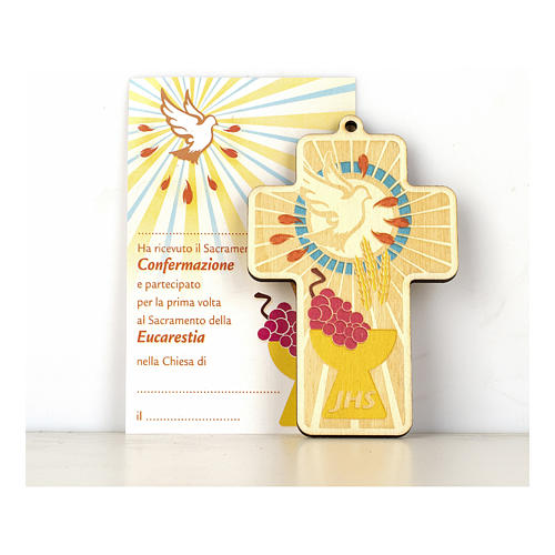 Cross for Holy Communion and Confirmation in painted wood Combination of Symbols and Diploma 1