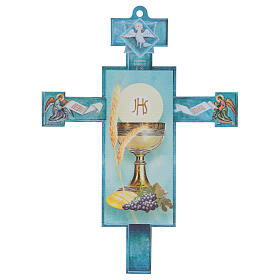 Traditionelles Kreuz zur Konfirmation mit Karte und den Symbolen des Abendmahls