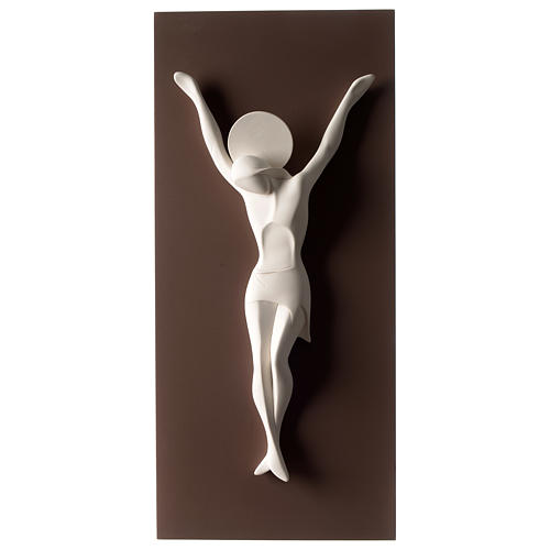 Crucifixo estilizado branco castanho resina e madeira 55 cm 1