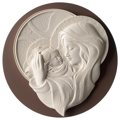 Maternity, round bas-relief in resin and wood 1