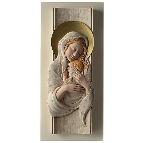 Mother and child bas-relief in painted resin and wood 1