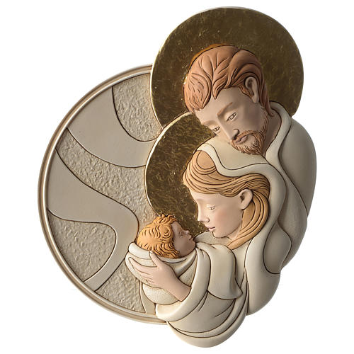 Bas-relief Holy Family in painted resin with golden details 1