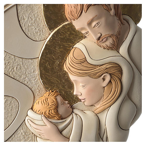 Holy Family round bas-relief in painted resin with golden details 2