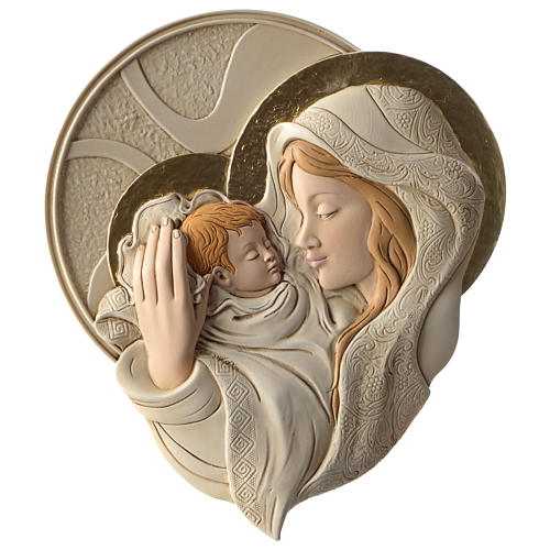 Bas-relief rond Vierge et Enfant résine colorée 1