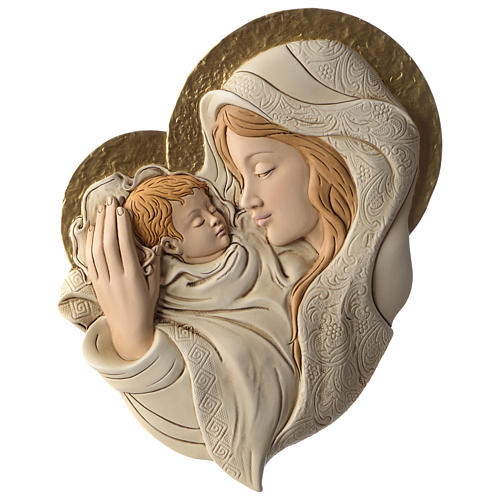 Bas-relief Mary and Baby Jesus in painted resin 1